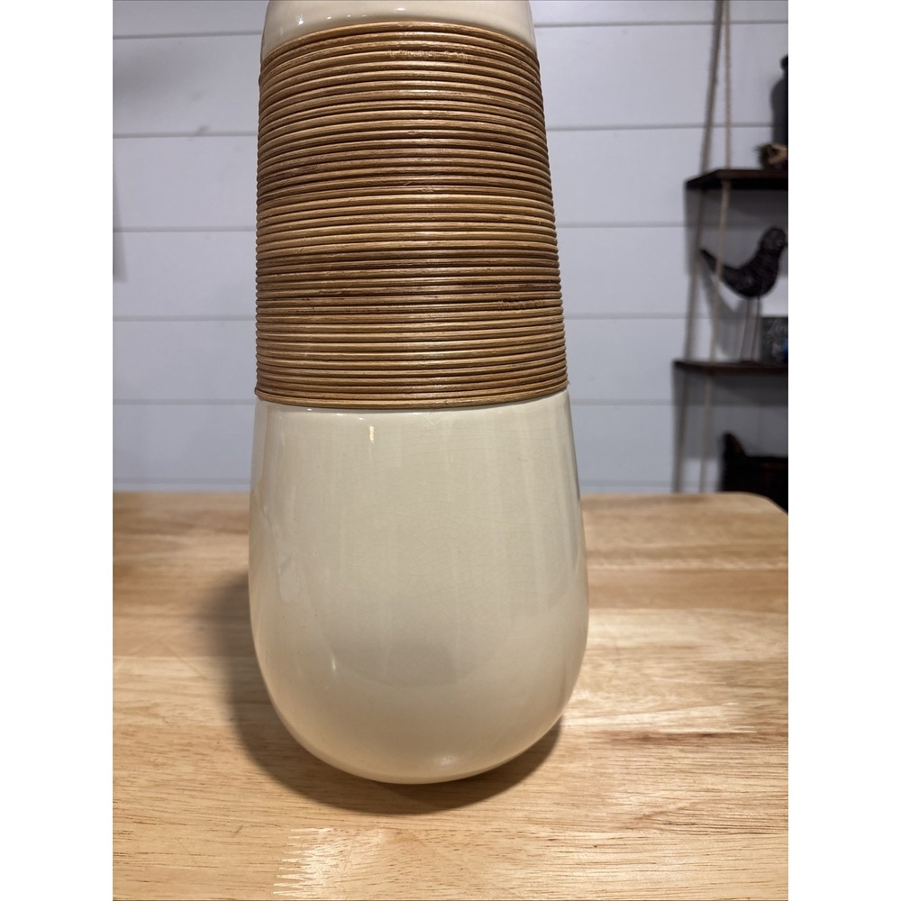 Mid Century Style Cream Ceramic Vase With Wrapped Rattan Neck Accent, 13" Tall